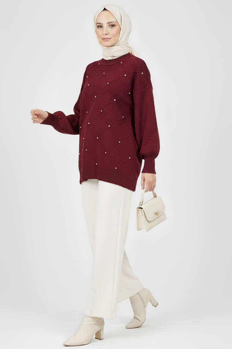 Scattered-Stone Knit Tunic - Burgundy