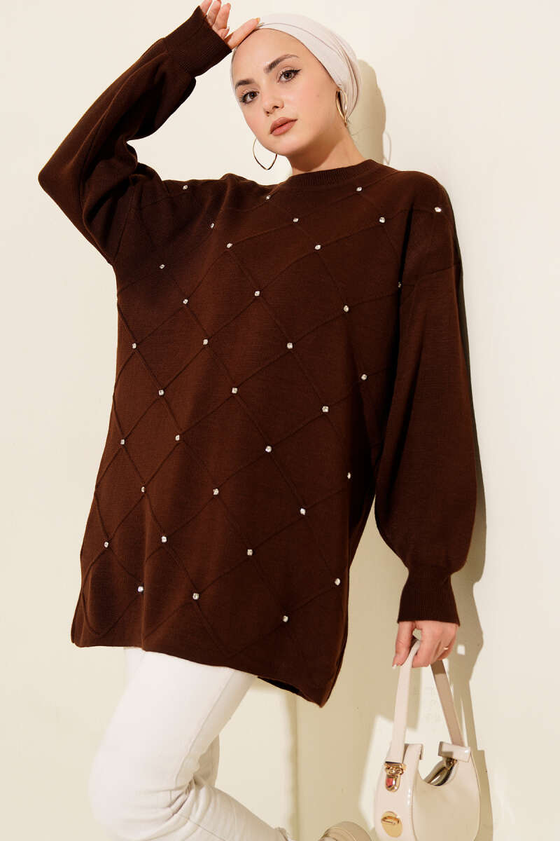 Scattered-Stone Knit Tunic - Brown