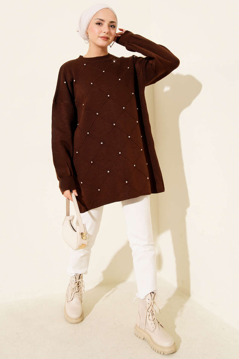 Scattered-Stone Knit Tunic - Brown