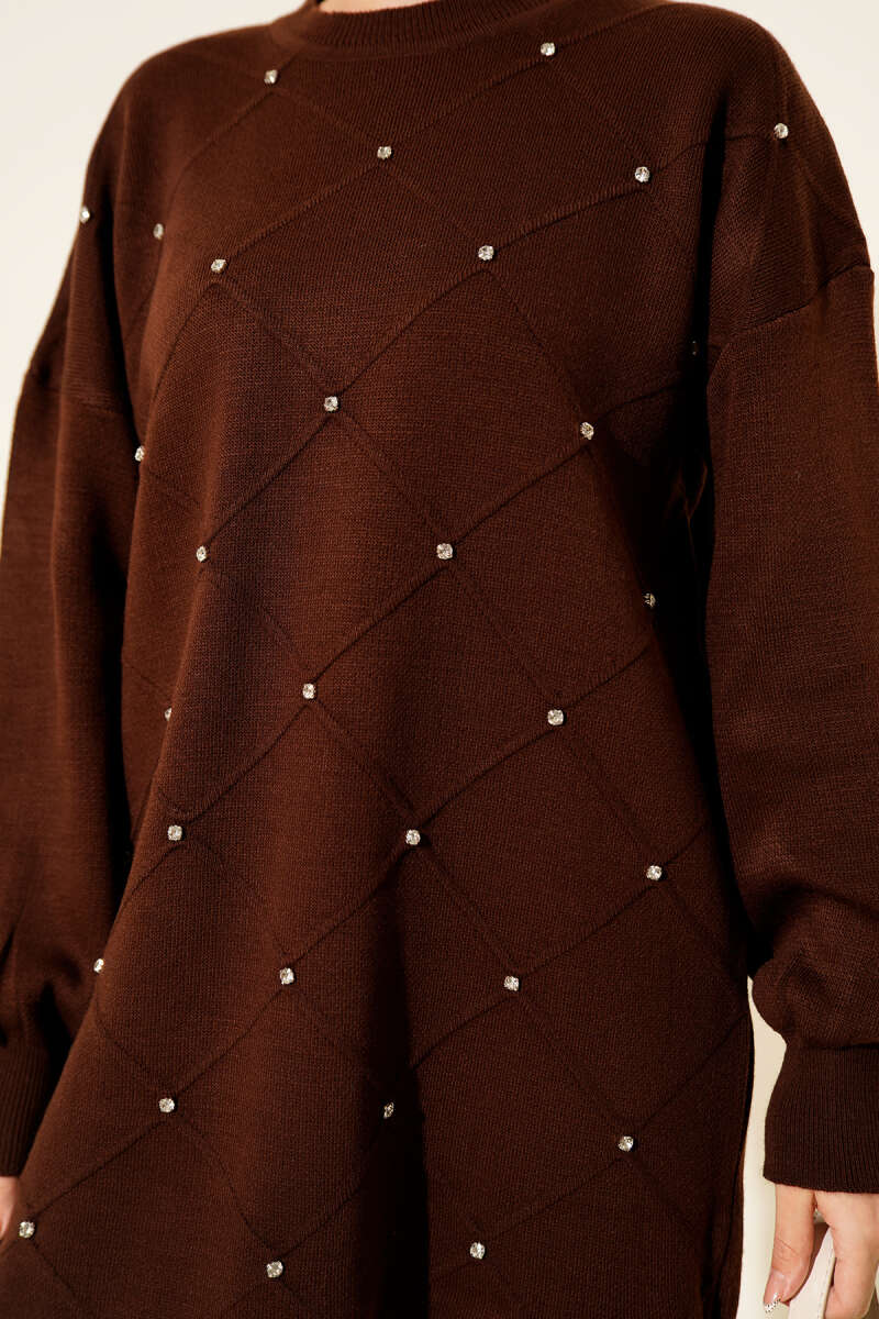 Scattered-Stone Knit Tunic - Brown