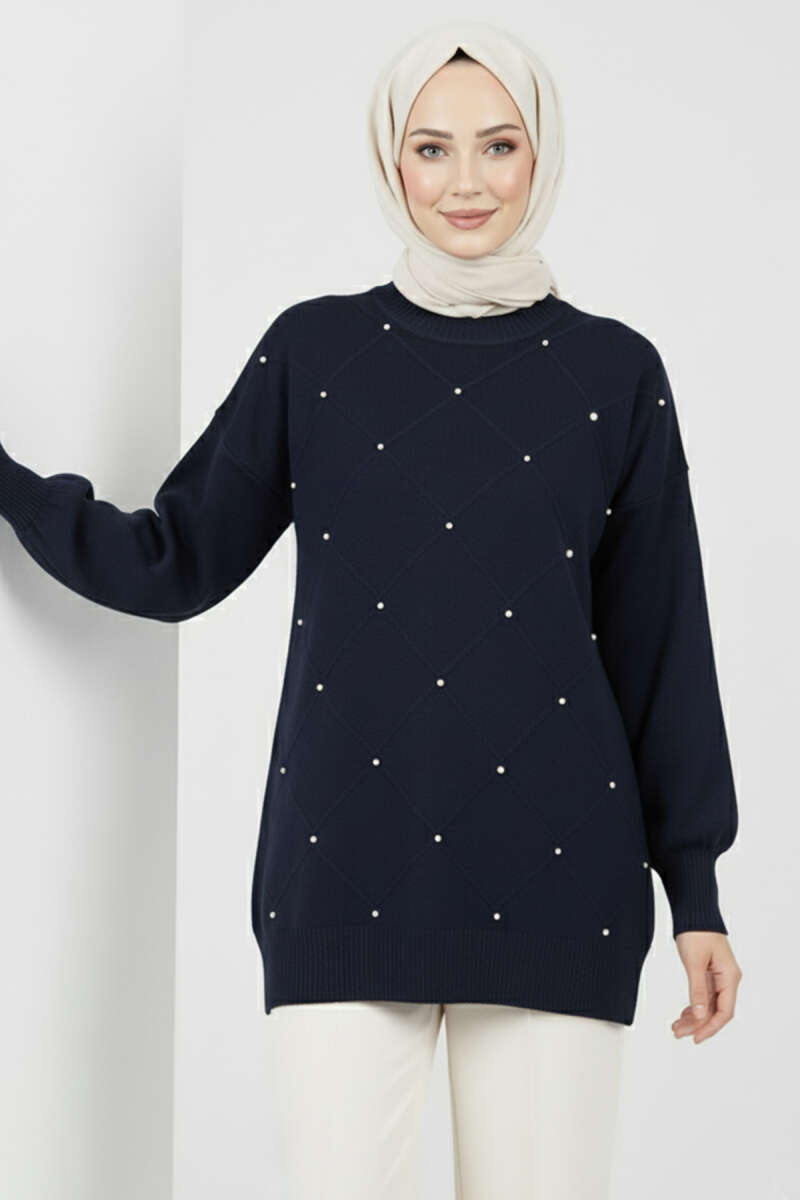 Scattered-Stone Knit Tunic - Navy