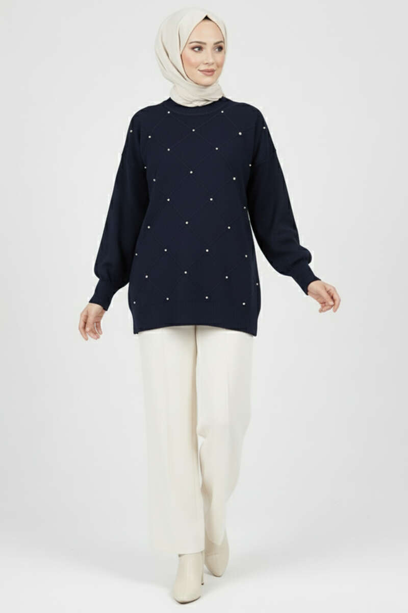 Scattered-Stone Knit Tunic - Navy