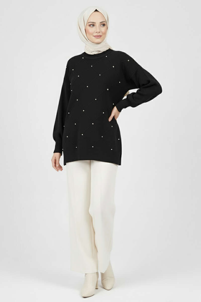 Scattered-Stone Knit Tunic - Black