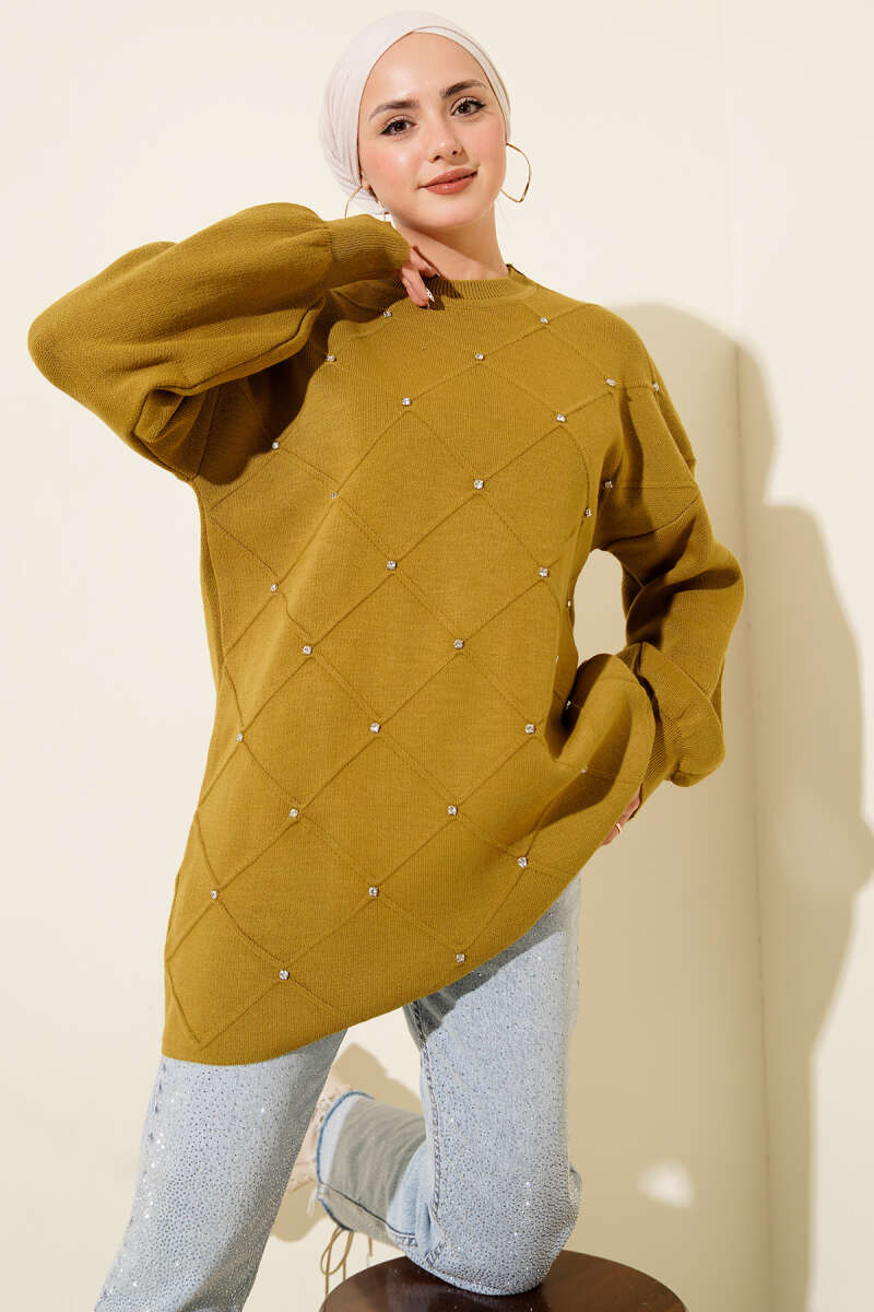Scattered-Stone Knit Tunic - Olive