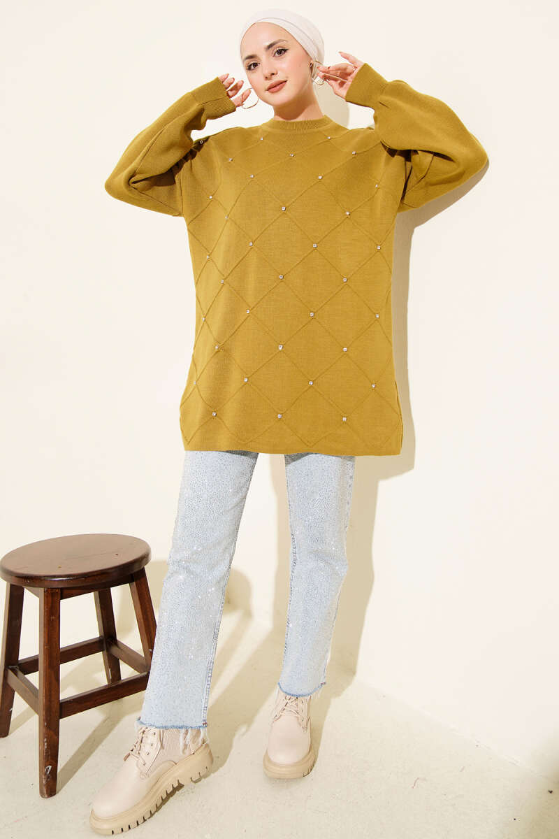 Scattered-Stone Knit Tunic - Olive