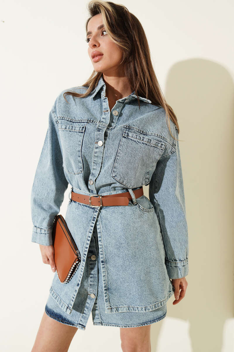 Denim Mini Dress with Detachable Skirt - Denim Blue