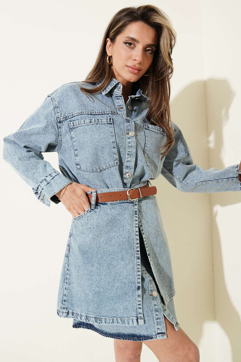 Denim Mini Dress with Detachable Skirt - Denim Blue