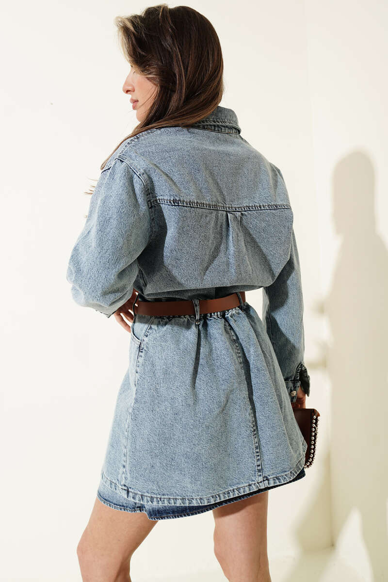 Denim Mini Dress with Detachable Skirt - Denim Blue