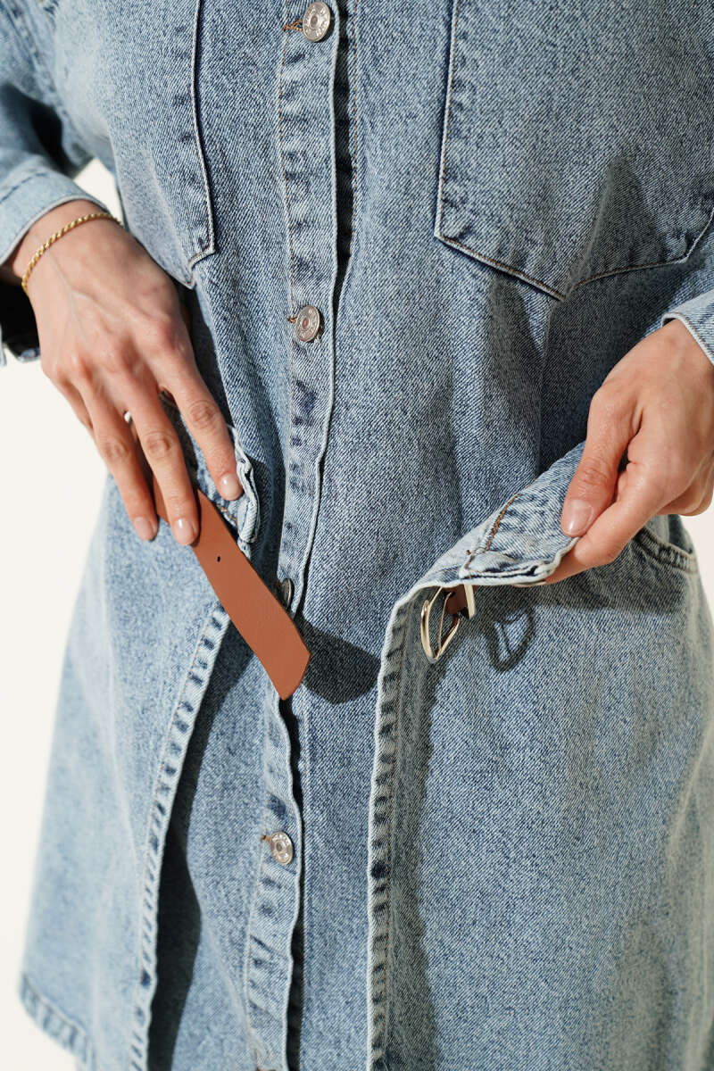 Denim Mini Dress with Detachable Skirt - Denim Blue