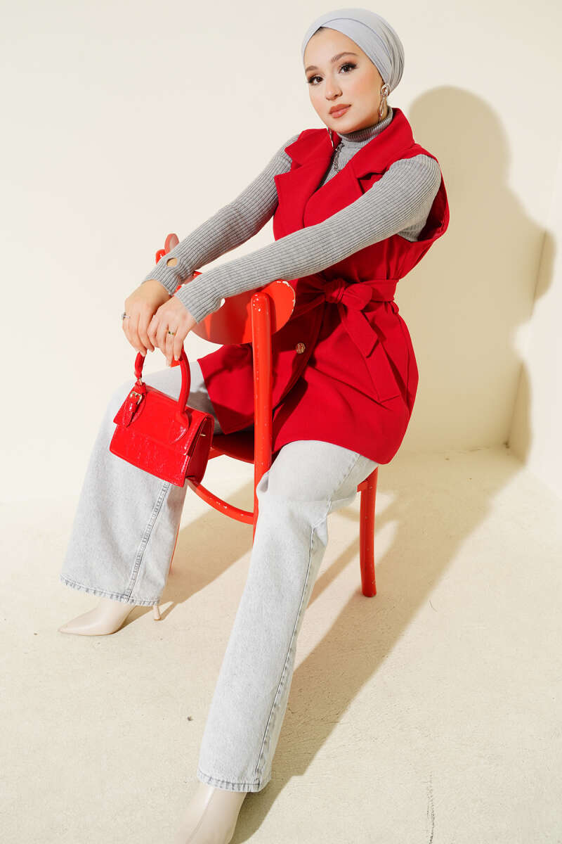 Sleeveless Belted Felt Vest - Red