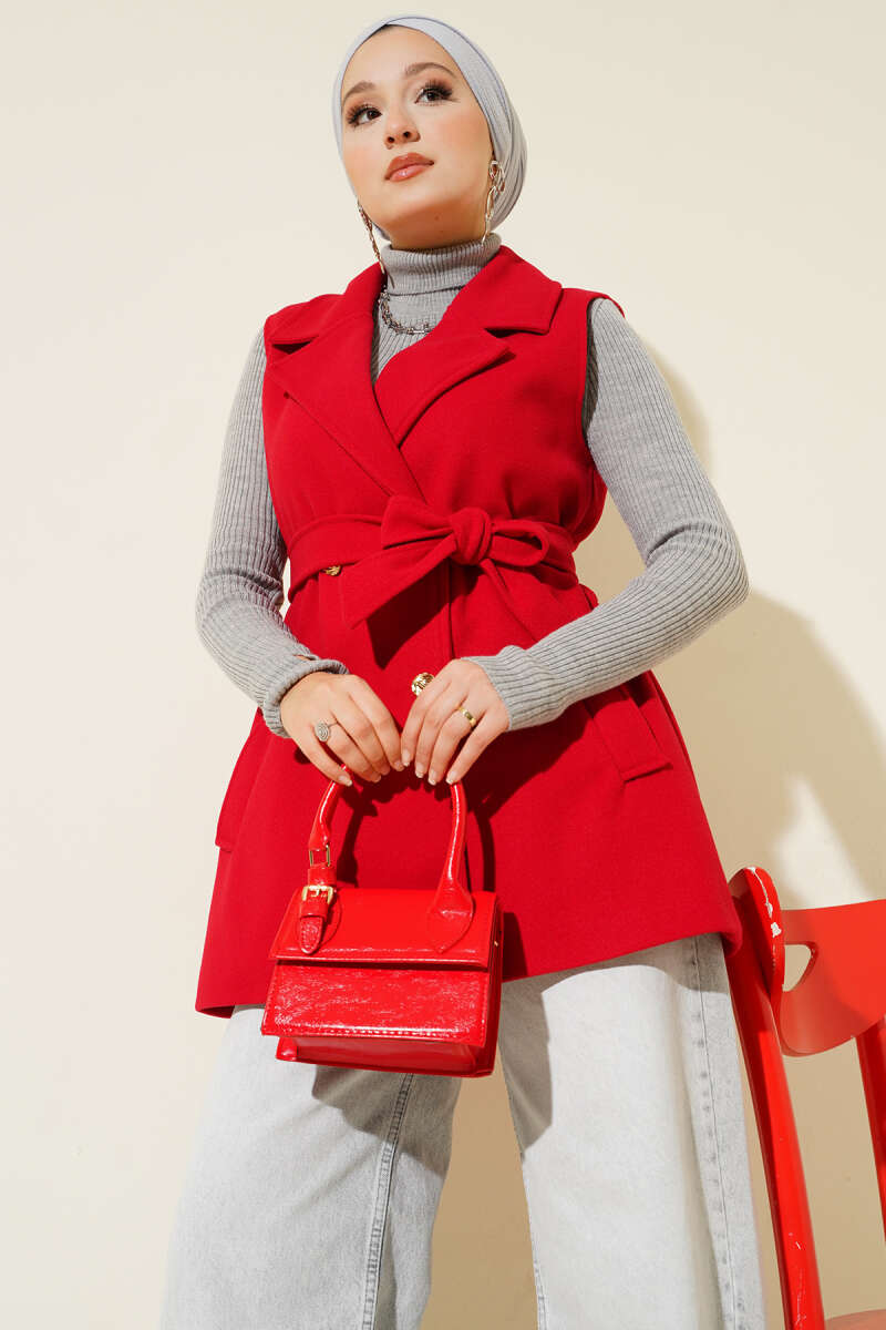 Sleeveless Belted Felt Vest - Red