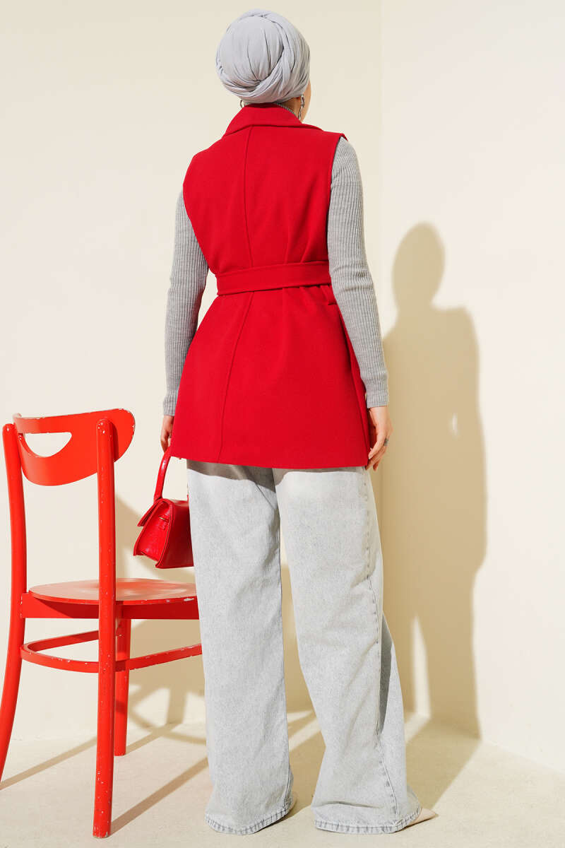 Sleeveless Belted Felt Vest - Red