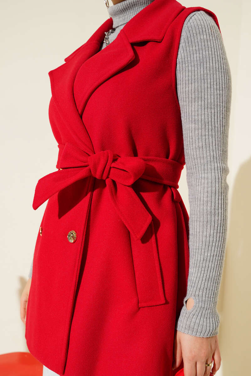 Sleeveless Belted Felt Vest - Red