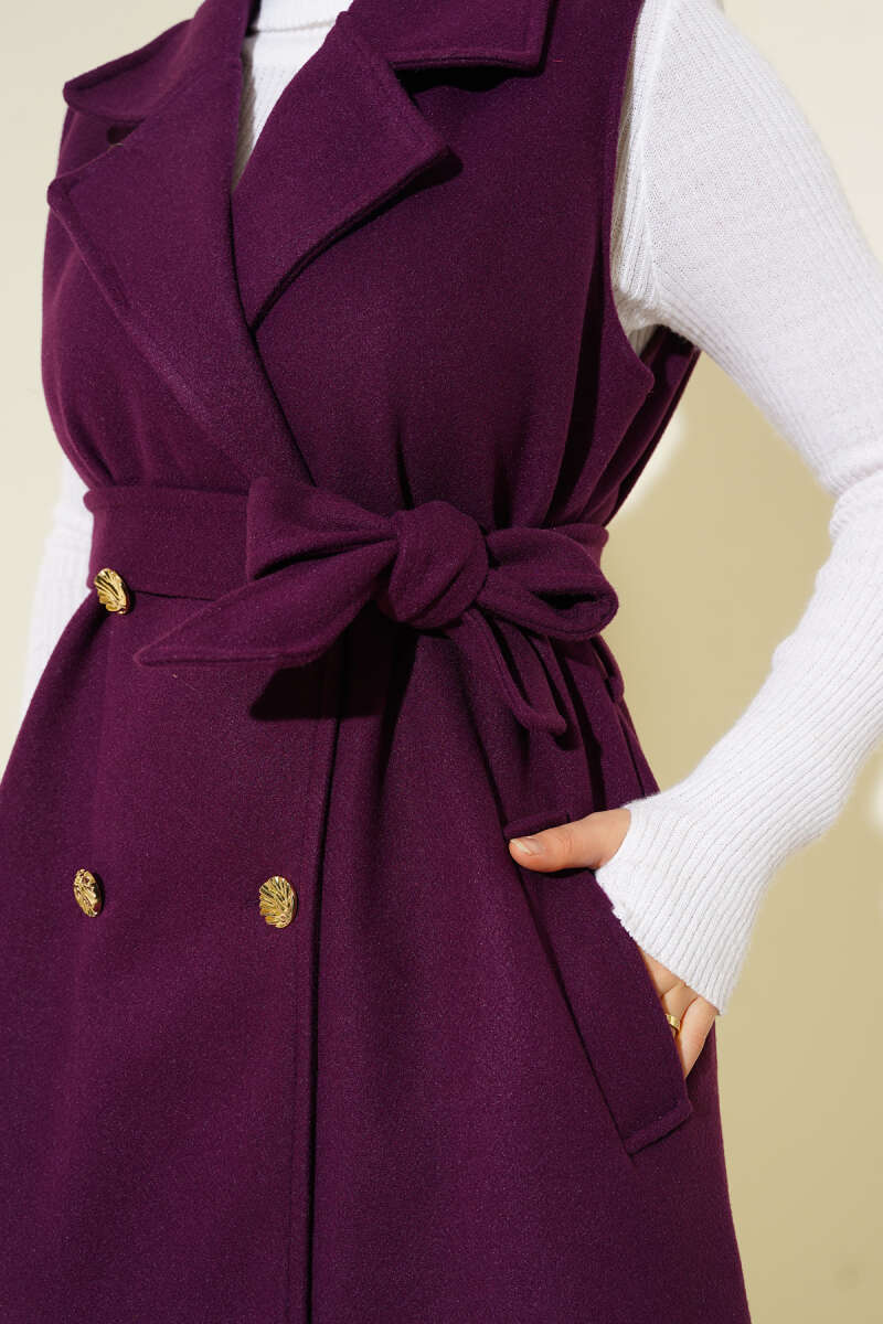 Sleeveless Belted Felt Vest - Purple