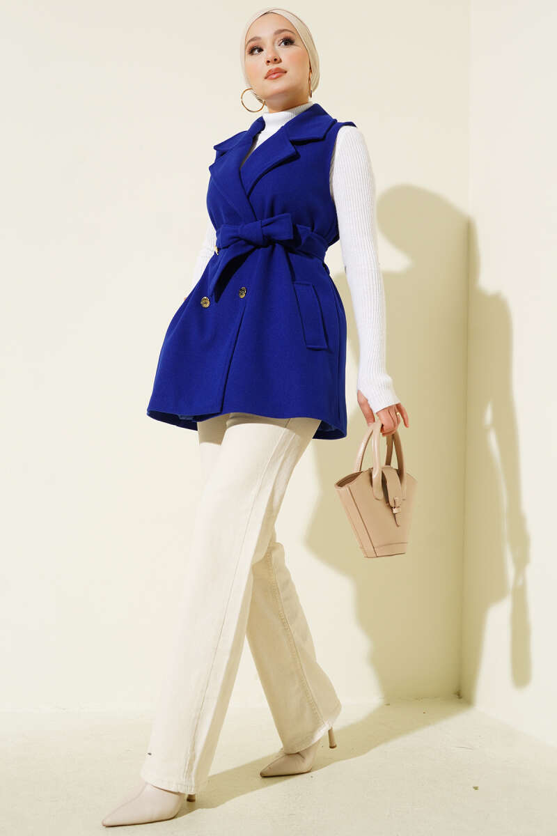 Sleeveless Belted Felt Vest - Saxe Blue