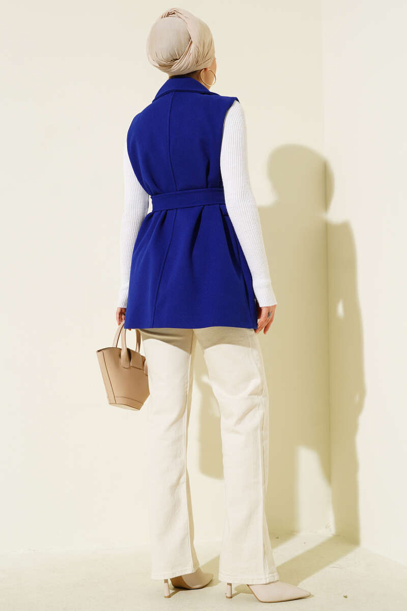 Sleeveless Belted Felt Vest - Saxe Blue