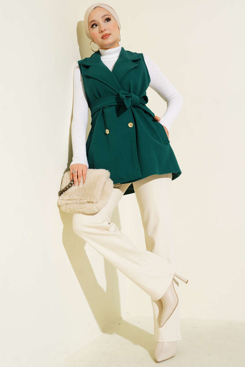 Sleeveless Belted Felt Vest - Emerald