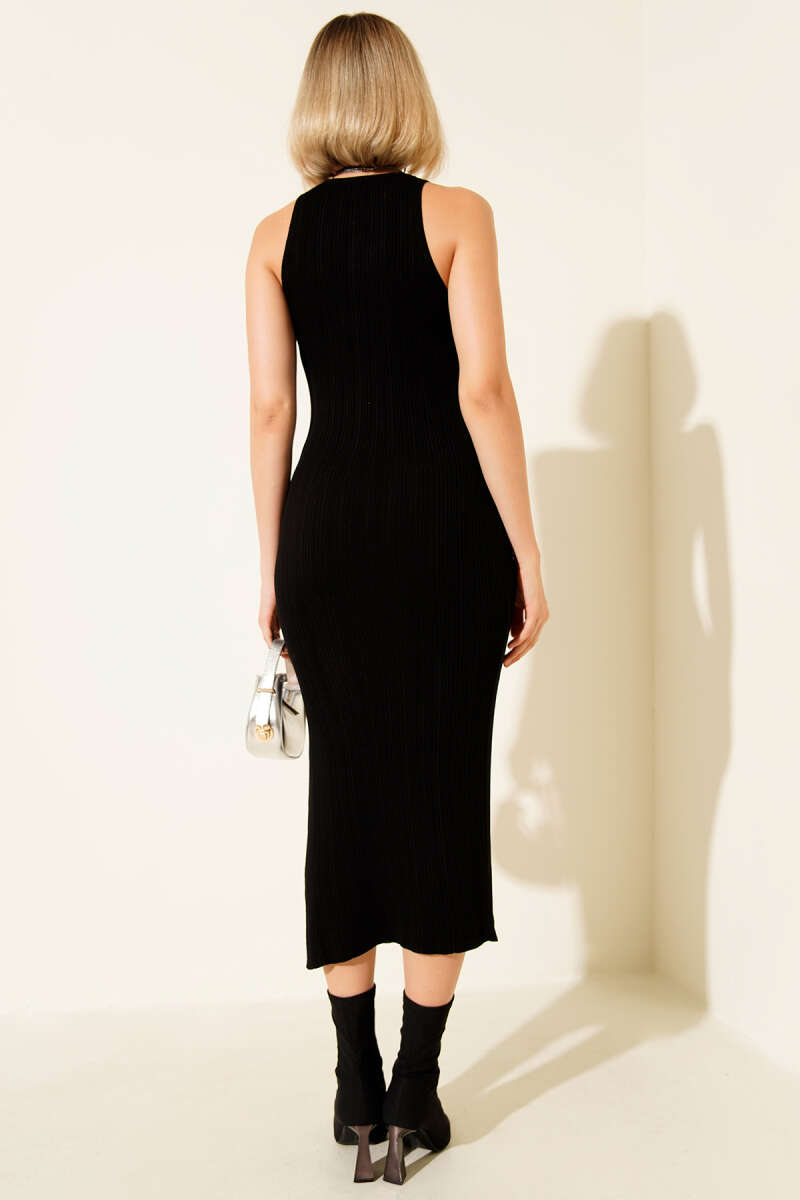 Sleeveless Knit Midi Dress with Slit - Black