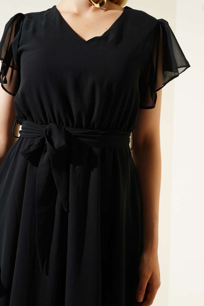 Tie-Waist Chiffon Dress - Black
