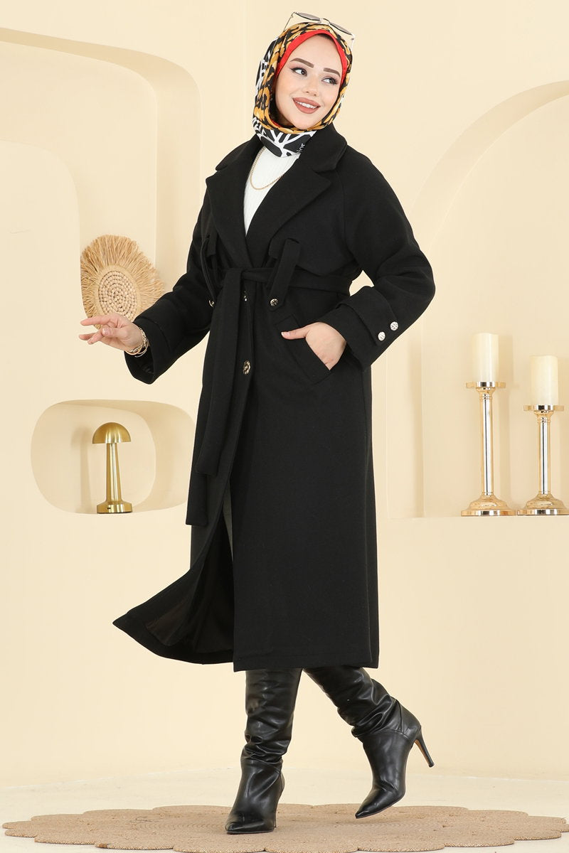 Elegant Button Felt Coat - Black