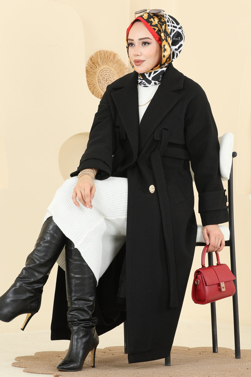Elegant Button Felt Coat - Black