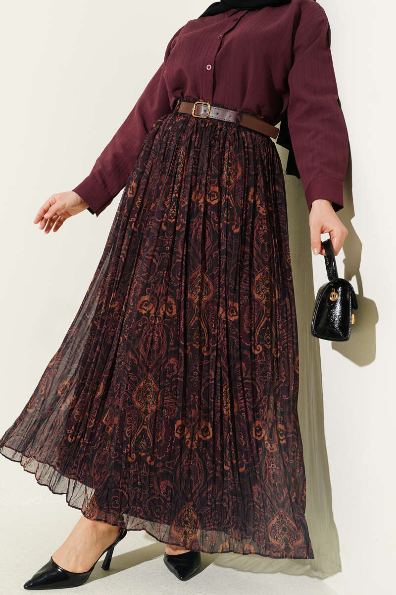 Fine-Pleat Retro Print Flared Skirt - Brown