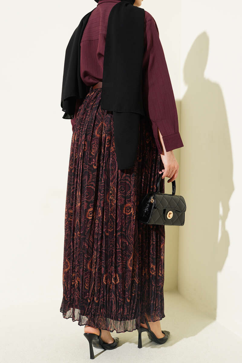 Fine-Pleat Retro Print Flared Skirt - Brown
