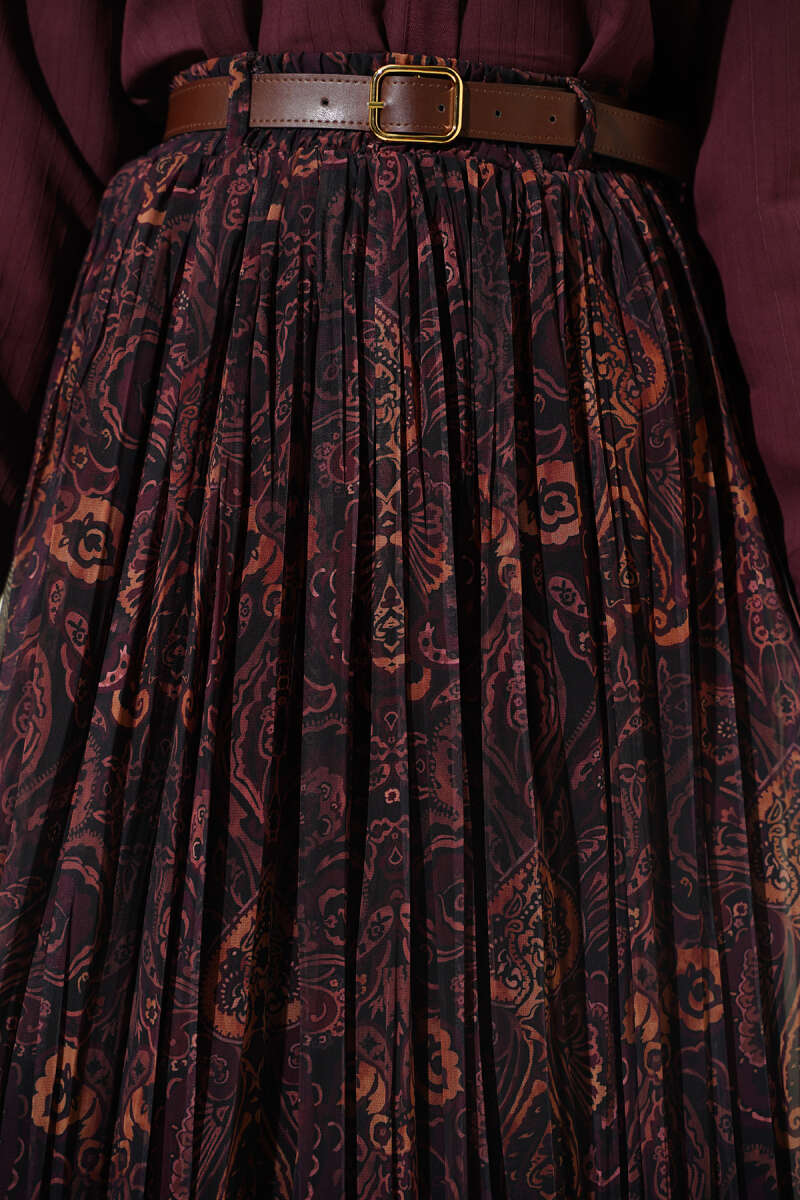 Fine-Pleat Retro Print Flared Skirt - Brown