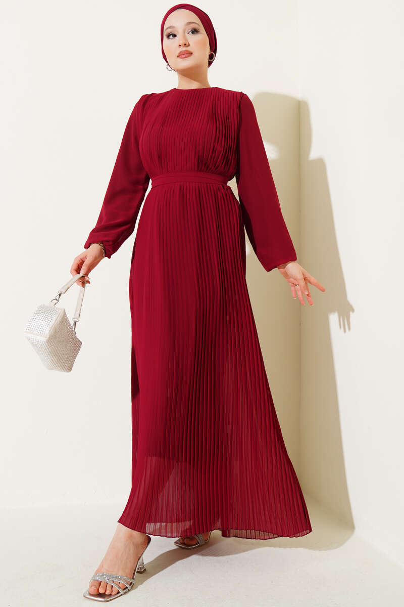 Fine-Pleat Chiffon Dress - Burgundy