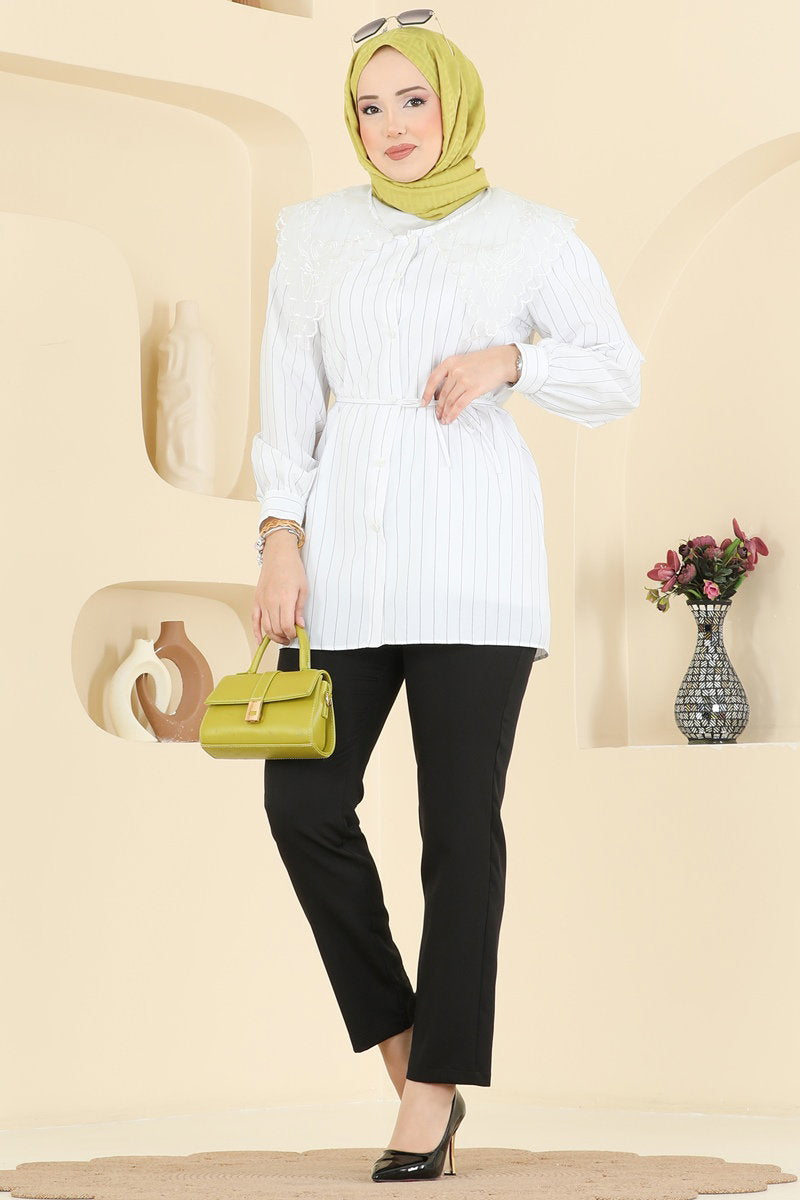 Poplin Shirt with Elegant Collar - Ecru