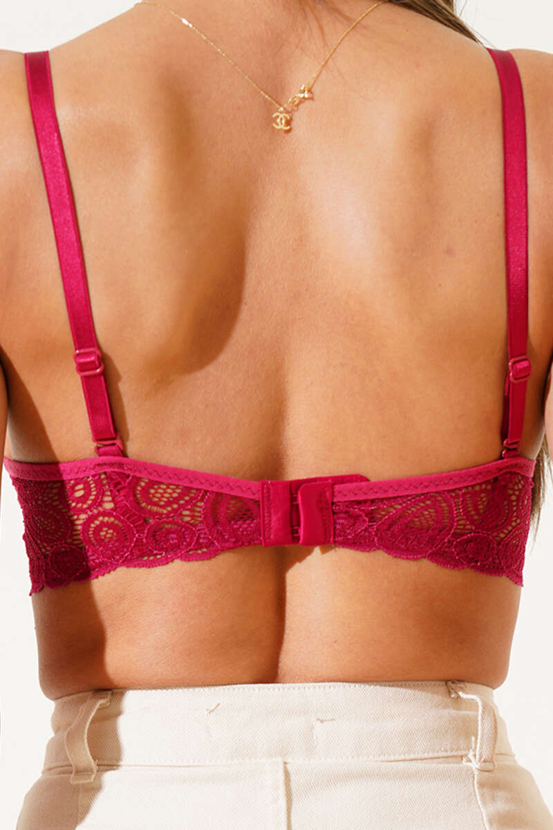 Padded Lace Criss-Cross Bra with Silicone - Burgundy