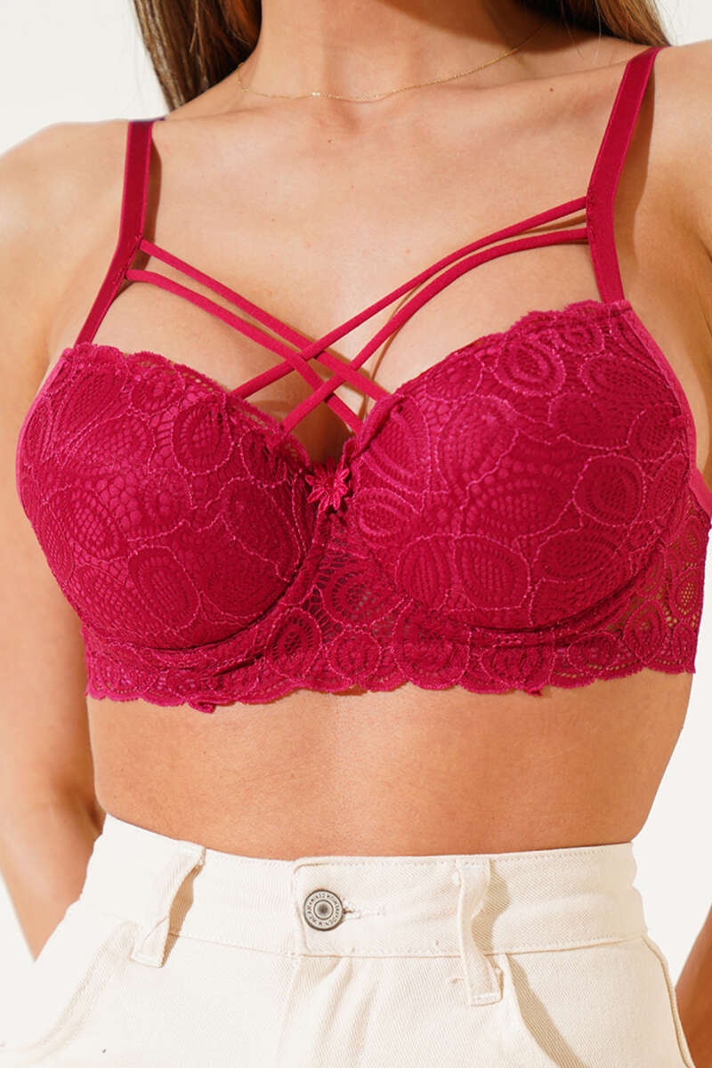 Padded Lace Criss-Cross Bra with Silicone - Burgundy