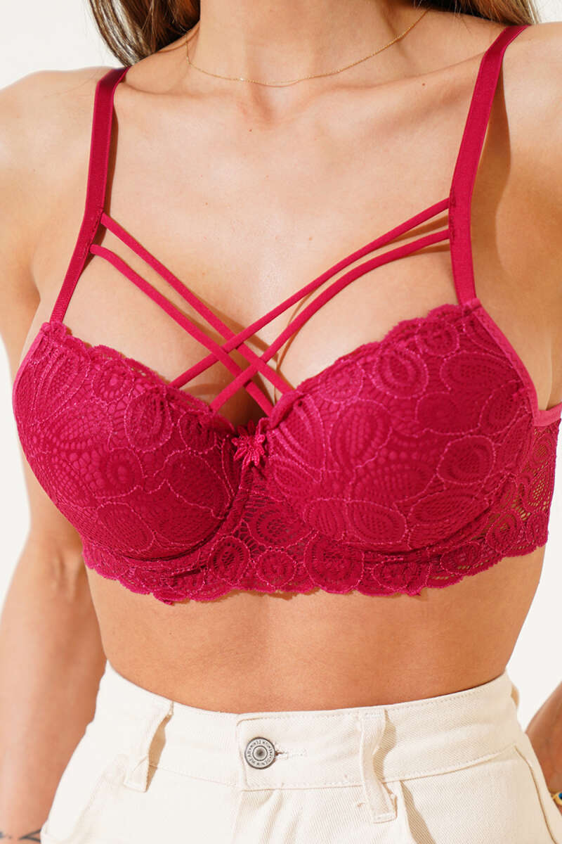 Padded Lace Criss-Cross Bra with Silicone - Burgundy