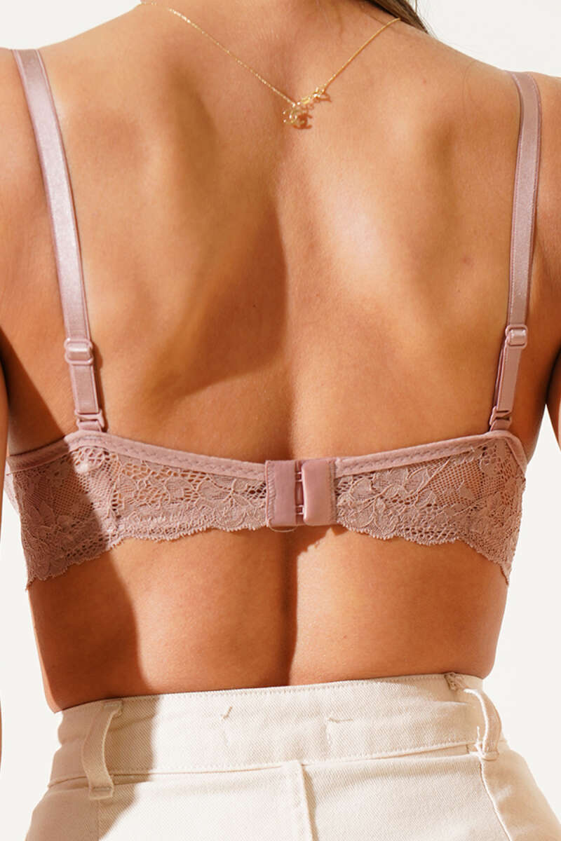 Padded Lace Criss-Cross Bra with Silicone - Brown