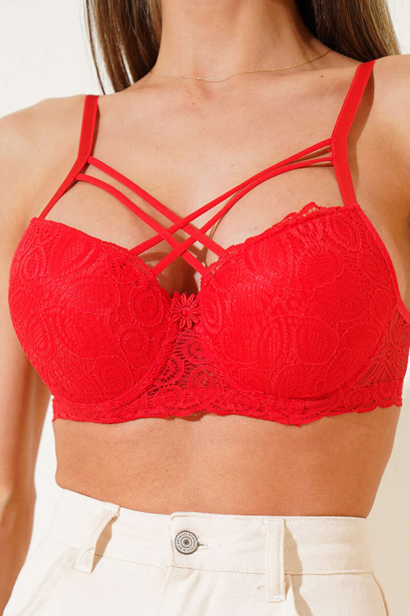 Padded Lace Criss-Cross Bra with Silicone - Red