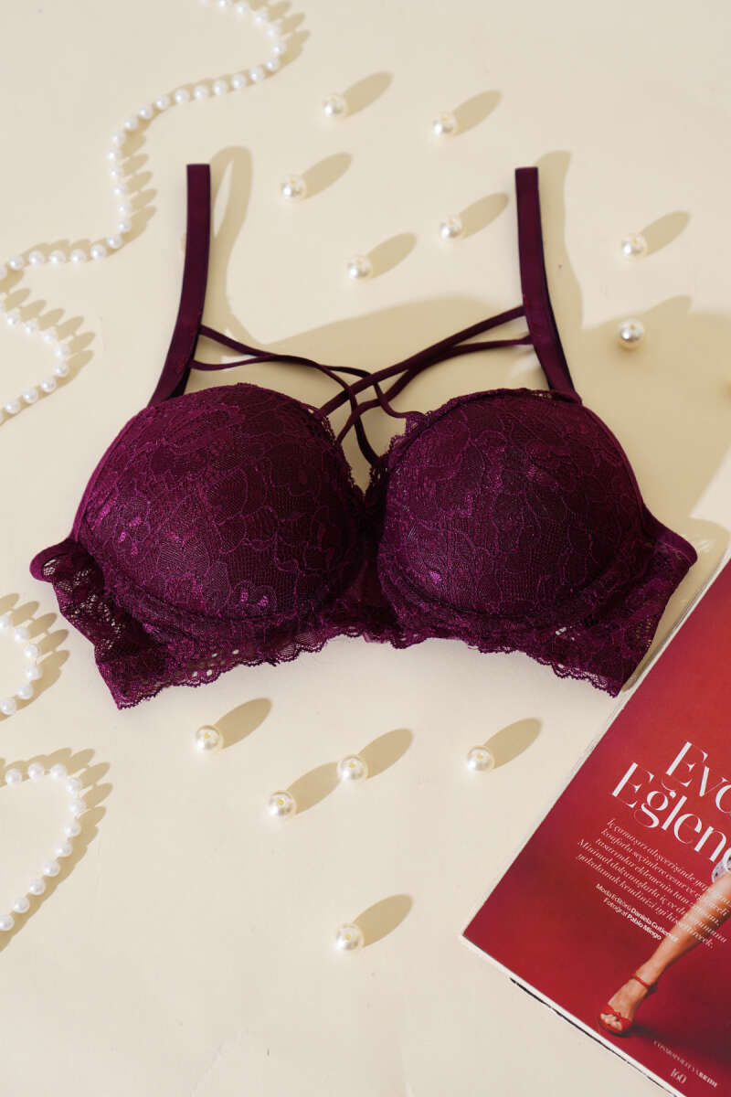 Padded Lace Criss-Cross Bra with Silicone - Plum