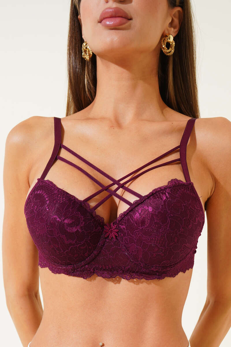 Padded Lace Criss-Cross Bra with Silicone - Plum