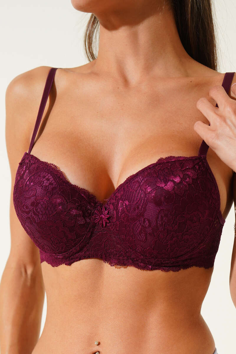 Padded Lace Bra with Silicone - Plum