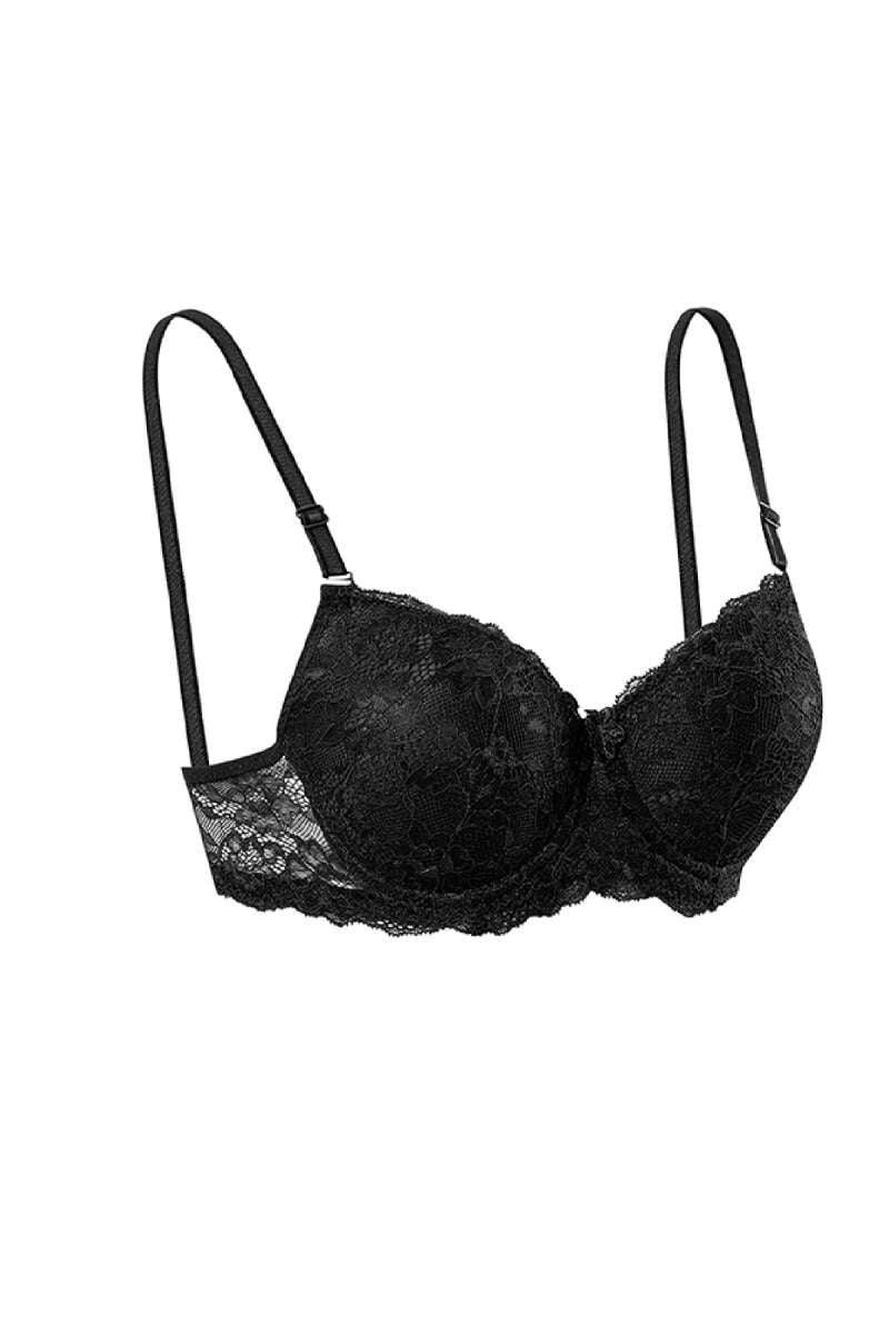 Padded Lace Bra with Silicone - Black