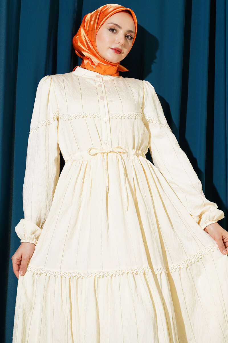 Glitter-Stripe Guipure Dress - Beige
