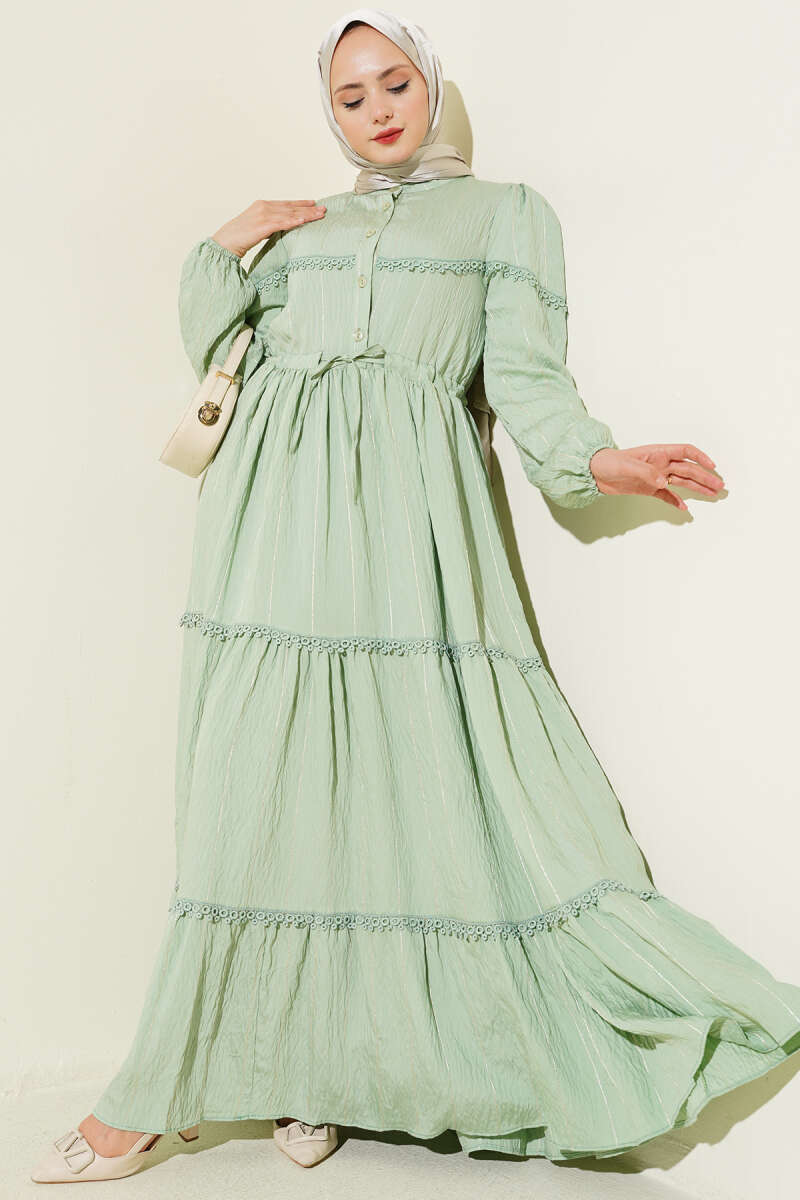 Glitter-Stripe Guipure Dress - Almond Green