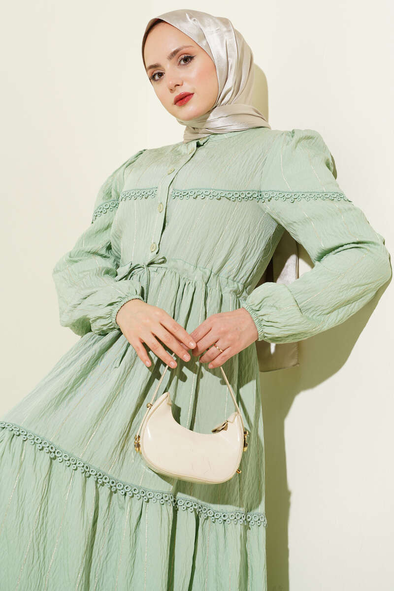 Glitter-Stripe Guipure Dress - Almond Green