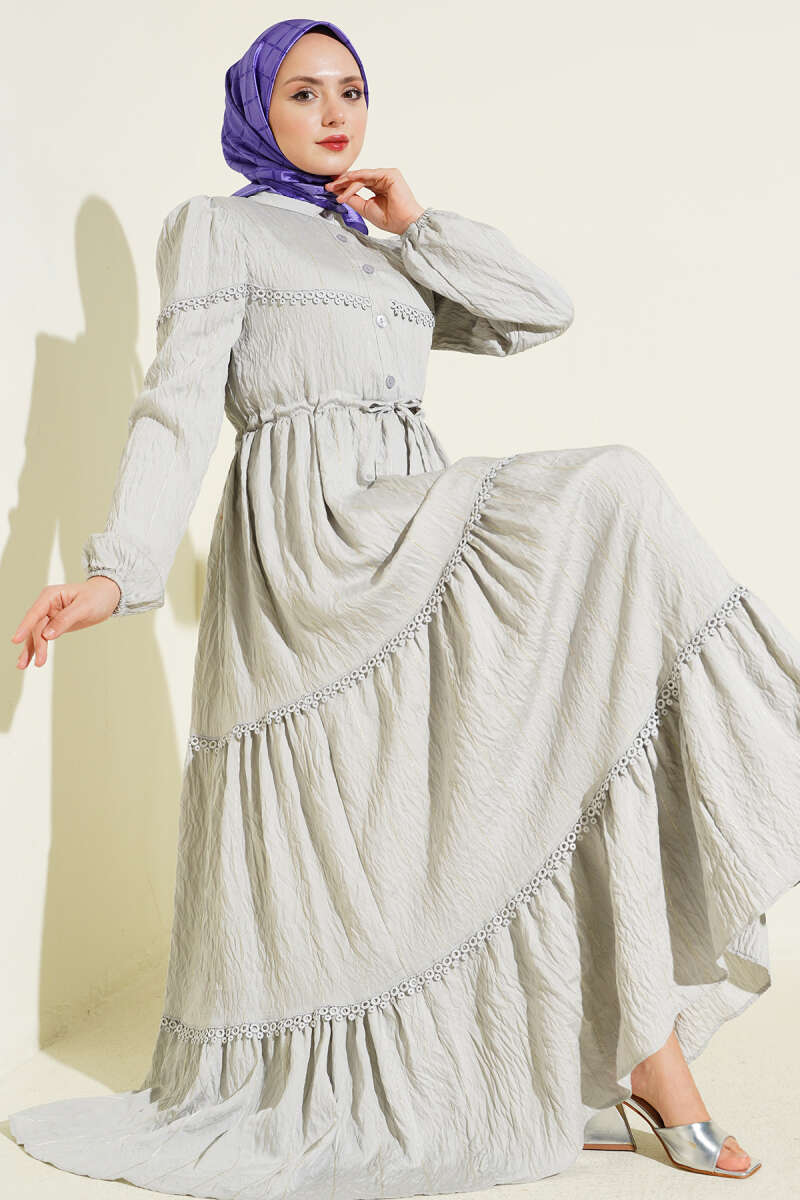 Glitter-Stripe Guipure Dress - Grey