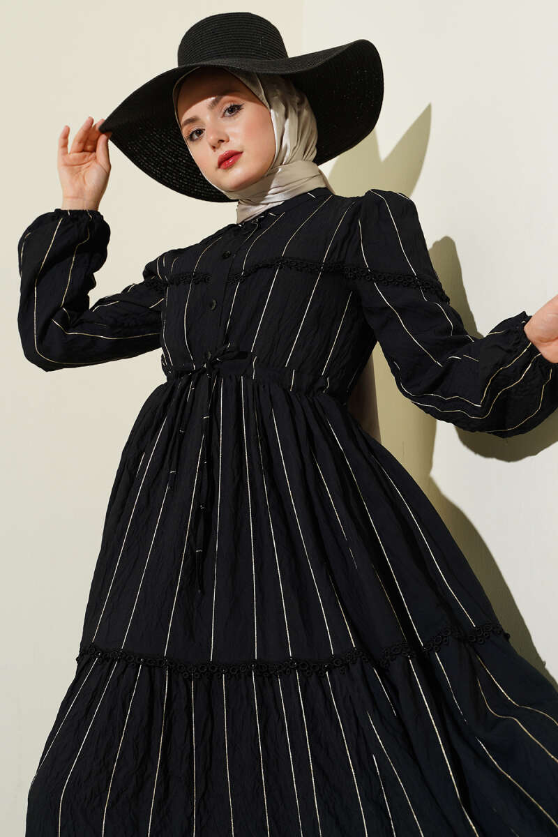 Glitter-Stripe Guipure Dress - Black