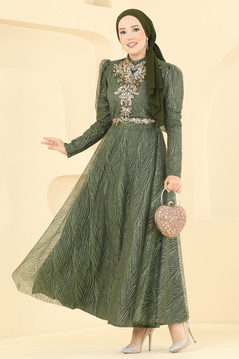 Glitter Tulle Evening Dress - Khaki
