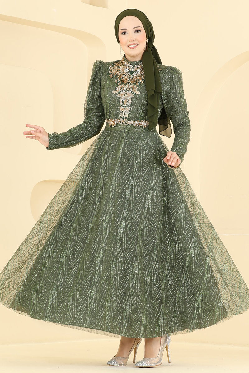 Glitter Tulle Evening Dress - Khaki