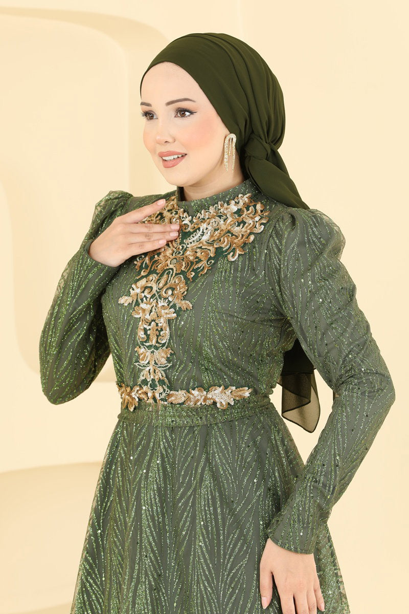 Glitter Tulle Evening Dress - Khaki