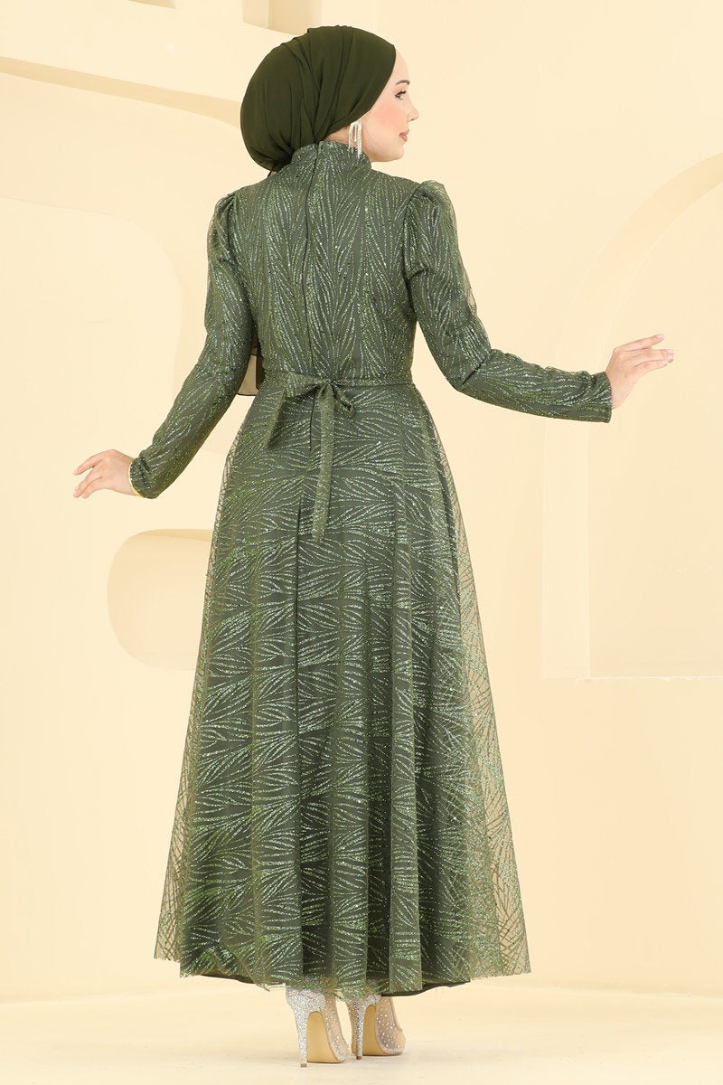 Glitter Tulle Evening Dress - Khaki