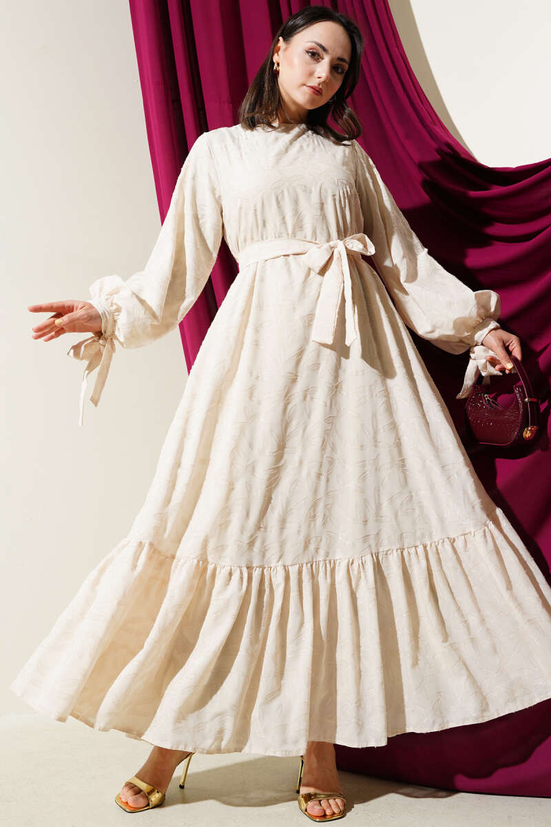 Glitter Fluffy Dress with Cuff Ties - Beige