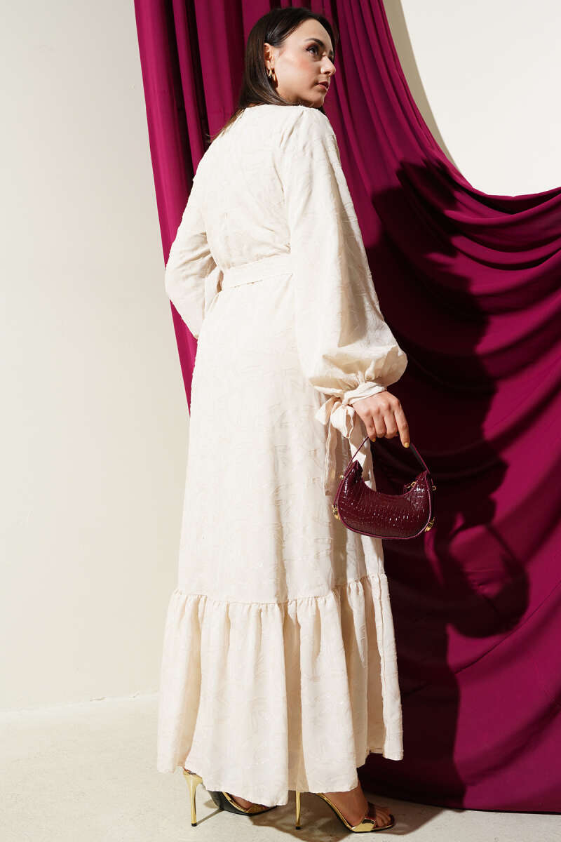Glitter Fluffy Dress with Cuff Ties - Beige